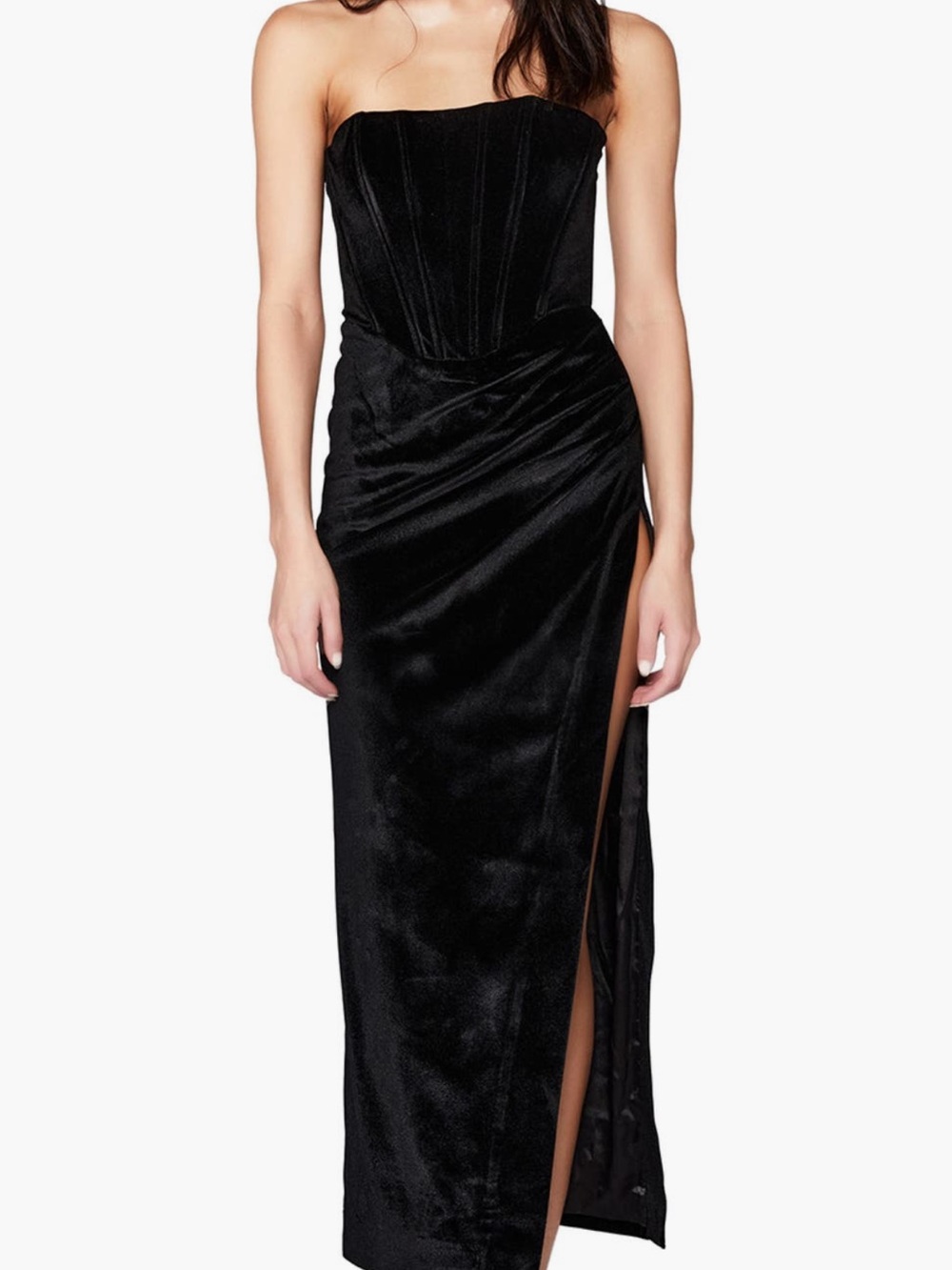 Bardot Black Strapless Velvet Maxi Dress with High Side Slit